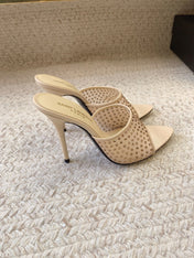 LA 16 HEELED MULES ATTACHED RHINESTONES IN CREAM MESH