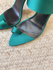 MARTHA POINTED OPEN-TOE HIGH MULES IN TEAL GREEN SILK