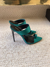 MARTHA POINTED OPEN-TOE HIGH MULES IN TEAL GREEN SILK