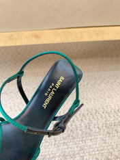 STRAPPY MID HEEL SANDALS IN TEAL GREEN SILK
