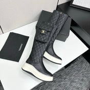 CHANEL 25S WEDGE KNEE-HIGH BOOTS IN BLACK CALFSKIN SILVER HARDWARE