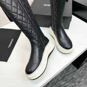CHANEL 25S WEDGE KNEE-HIGH BOOTS IN BLACK CALFSKIN SILVER HARDWARE