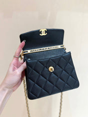 25S CHANEL TOTE CROSSBODY BAG 19 IN BLACK CALFSKIN WITH METAL HANDLE