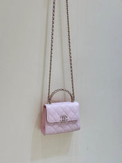 QUILTED FLAP BAG WITH HANDLE 18 IN BABY PINK LAMBSKIN GOLD HARDWARE