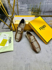 FENDI BAGUETTE LOAFERS IN BEIGE MIX BROWN CANVAS GOLD HARDWARE