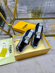 FENDI BAGUETTE LOAFERS IN NAVY BLUE MIX WHITE CANVAS GOLD HARDWARE