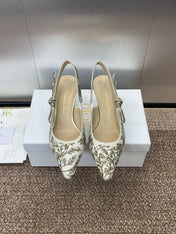 J'ADIOR HIGH SLINGBACK PUMP WHITE AND GOLD-TONE MILLEFIORI JACQUARD 65 MM