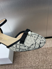 BALLET SLINGBACK PUMP IN WHITE MIX BLACK EMBROIDERED CANNAGE TWEED 35 MM