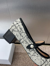 D-RAMOUR BALLET FLATS IN WHITE MIX BLACK EMBROIDERED CANNAGE TWEED 35 MM