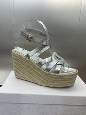 D-CLUB 25S HIGH HEEL WEDGE 100MM IN SILVER GLOSSY CALFSKIN RAFFIA SOLE