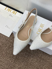 J'ADIOR SLINGBACK 25S IN WHITE FABRIC EMBOSSED CRYSTAL