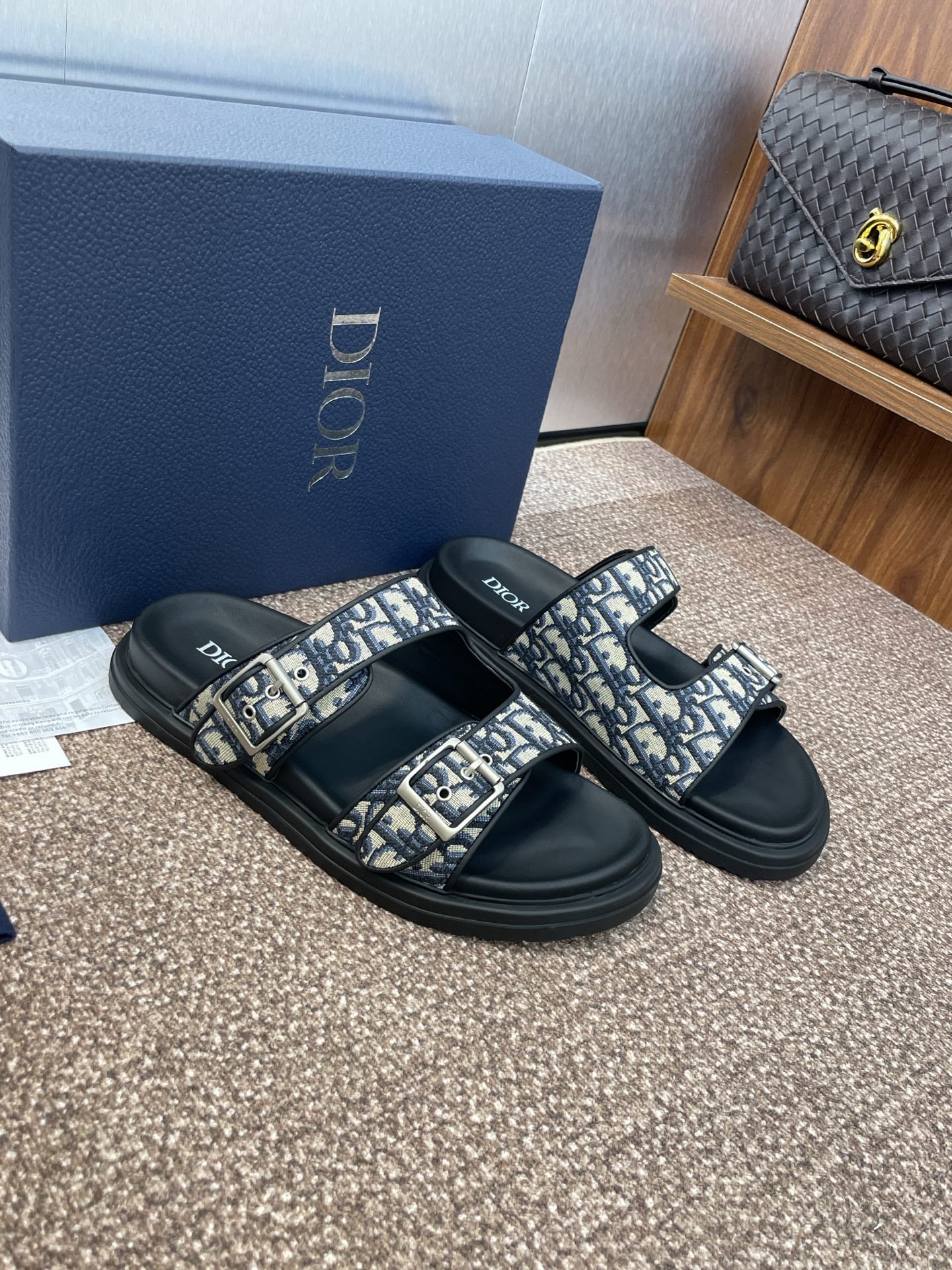 DIOR 25S DIORACT SLIDE IN DEEP BLUE CALFSKIN AND CANVAS SILVER HARDWARE