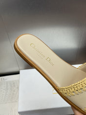 DIOR 25S D-LANE SLIDE LIGHT BEIGE CALFSKIN AND YELLOW BRAIDED RAFFIA