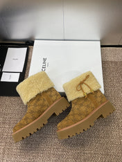 CELINE 26S ANKLE BOOTS 45 MM IN BROWN SUEDE AND BEIGE WOOL