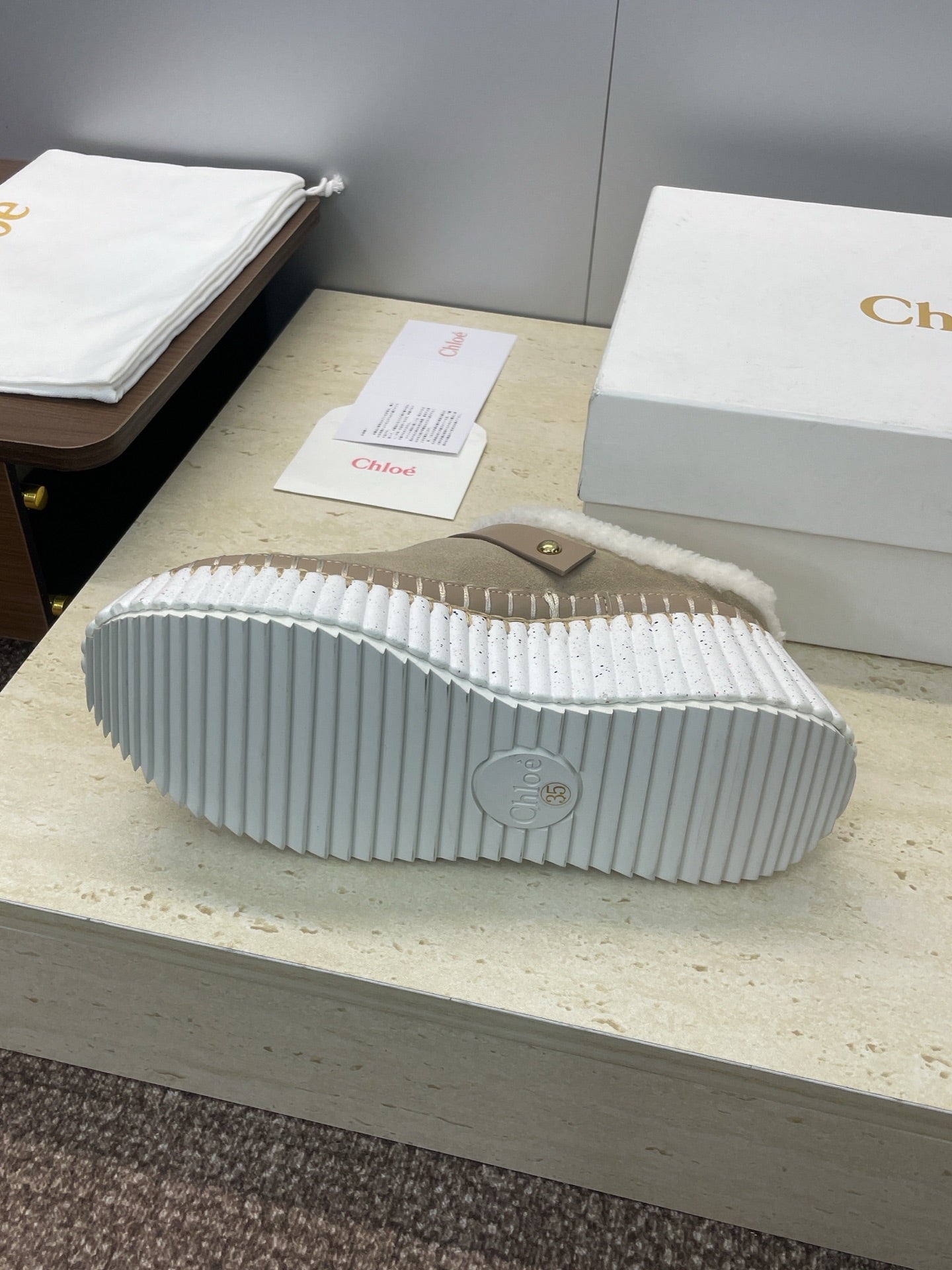 CHLOÉ 26S FUR-LINED WEDGE MULES IN DARK BEIGE SUEDE