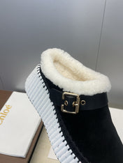 CHLOÉ 26S FUR-LINED WEDGE MULES IN BLACK SUEDE