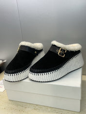 CHLOÉ 26S FUR-LINED WEDGE MULES IN BLACK SUEDE