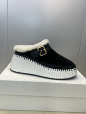CHLOÉ 26S FUR-LINED WEDGE MULES IN BLACK SUEDE