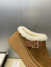 CHLOÉ 26S FUR-LINED WEDGE MULES IN BROWN SUEDE