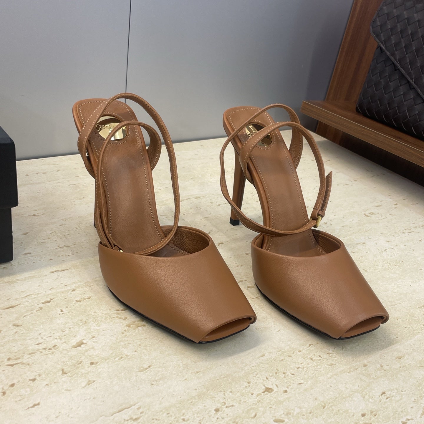 YSL 26S HEELED SANDALS 95 MM IN BROWN CALFSKIN