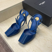 YSL 26S HEELED SANDALS 95 MM IN DARK BLUE CALFSKIN