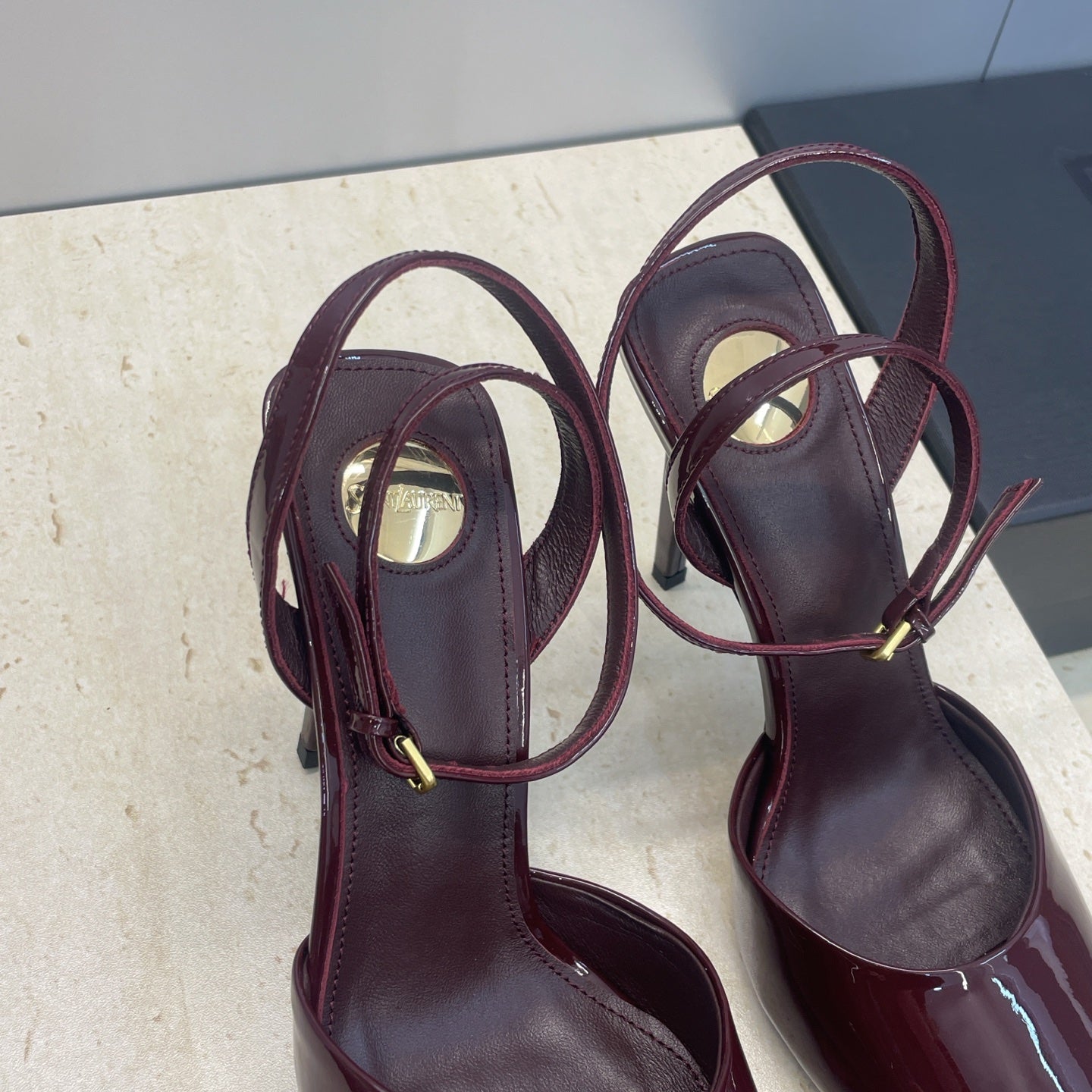 YSL 26S HEELED SANDALS 95 MM IN DARK RED CALFSKIN