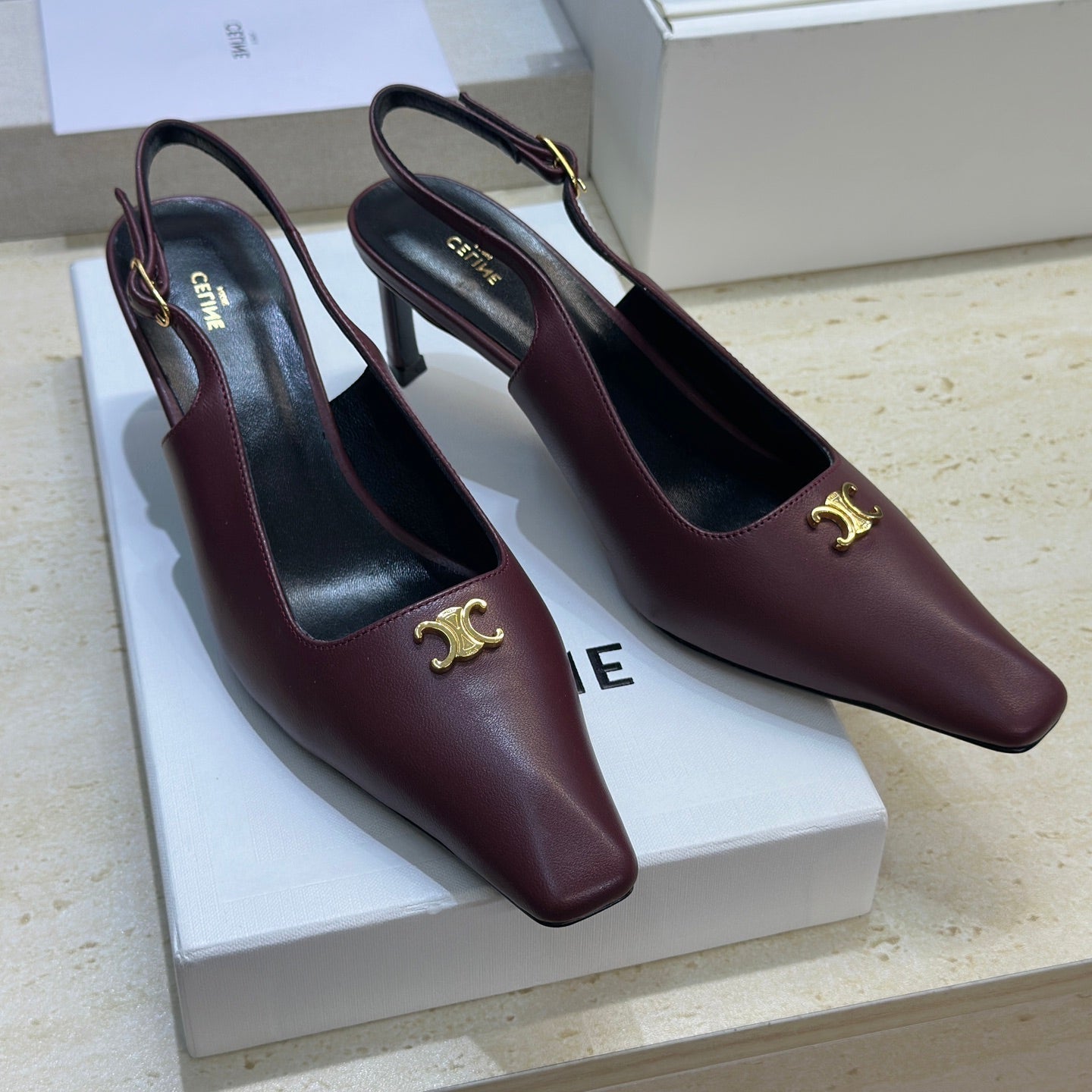 CELINE 26S SLINGBACK HEELS 65 MM IN DARK RED CALFSKIN