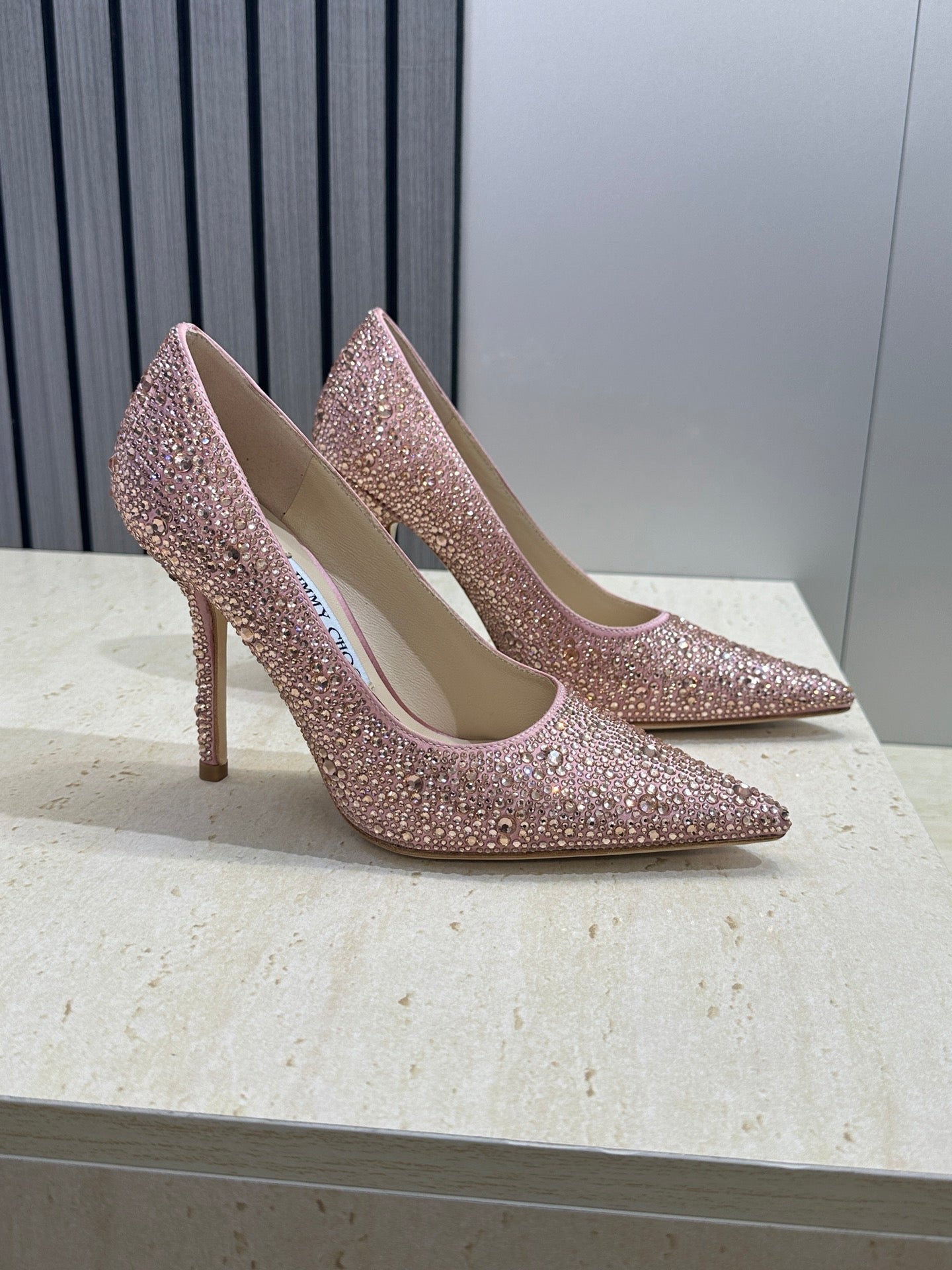 JIMMY CHOO 26S HIGH HEELS 95 MM IN PINK ROSE GOLD CRYSTAL-EMBELLISHED