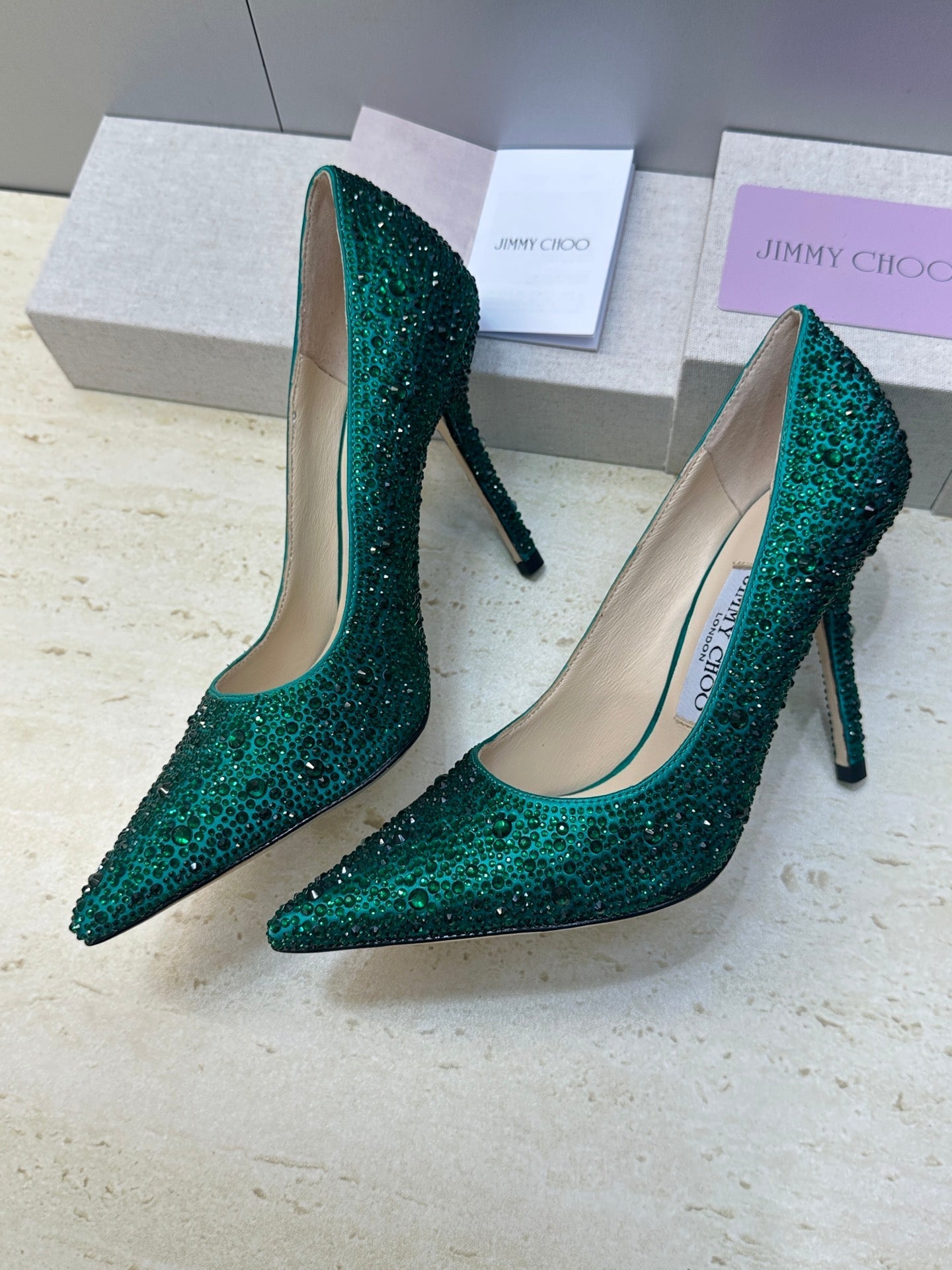 JIMMY CHOO 26S HIGH HEELS 95 MM IN GREEN CRYSTAL-EMBELLISHED