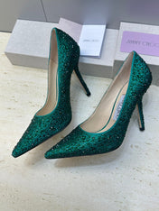 JIMMY CHOO 26S HIGH HEELS 95 MM IN GREEN CRYSTAL-EMBELLISHED