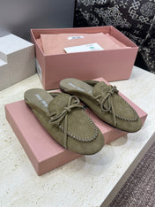 MIUMIU 26S SNEAKER MULES IN DARK OLIVE GREEN SUEDE WITH BOW