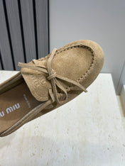 MIUMIU 26S SNEAKER MULES IN OLIVE BROWN SUEDE WITH BOW