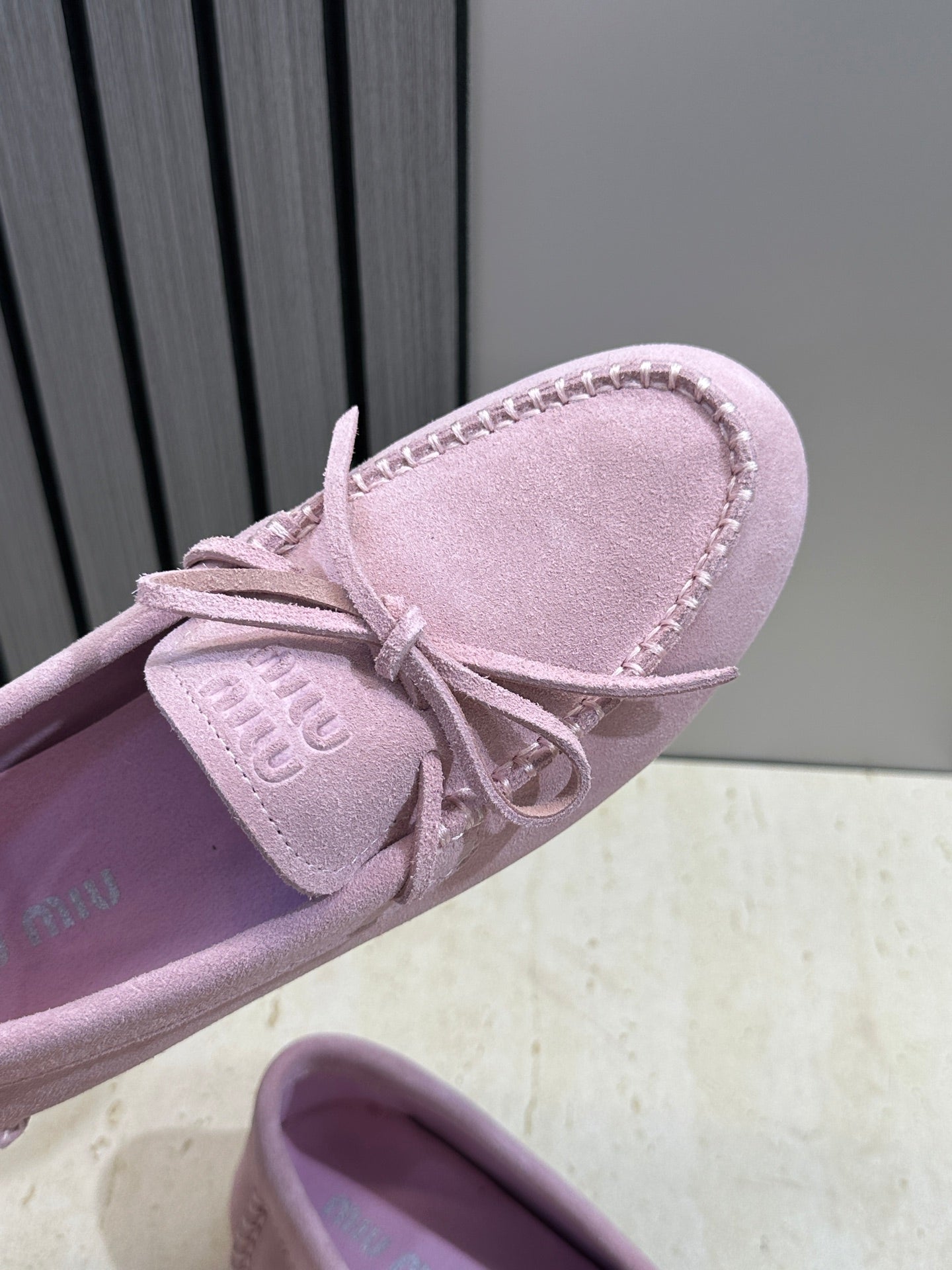 MIUMIU 26S LOAFERS IN LIGHT PURPLE SUEDE WITH BOW