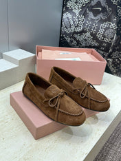 MIUMIU 26S LOAFERS IN DARK BROWN SUEDE WITH BOW