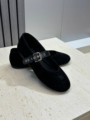 MIUMIU 26S MARY JANE FLATS IN BLACK SUEDE WITH BUCKLE STRAP CALFSKIN