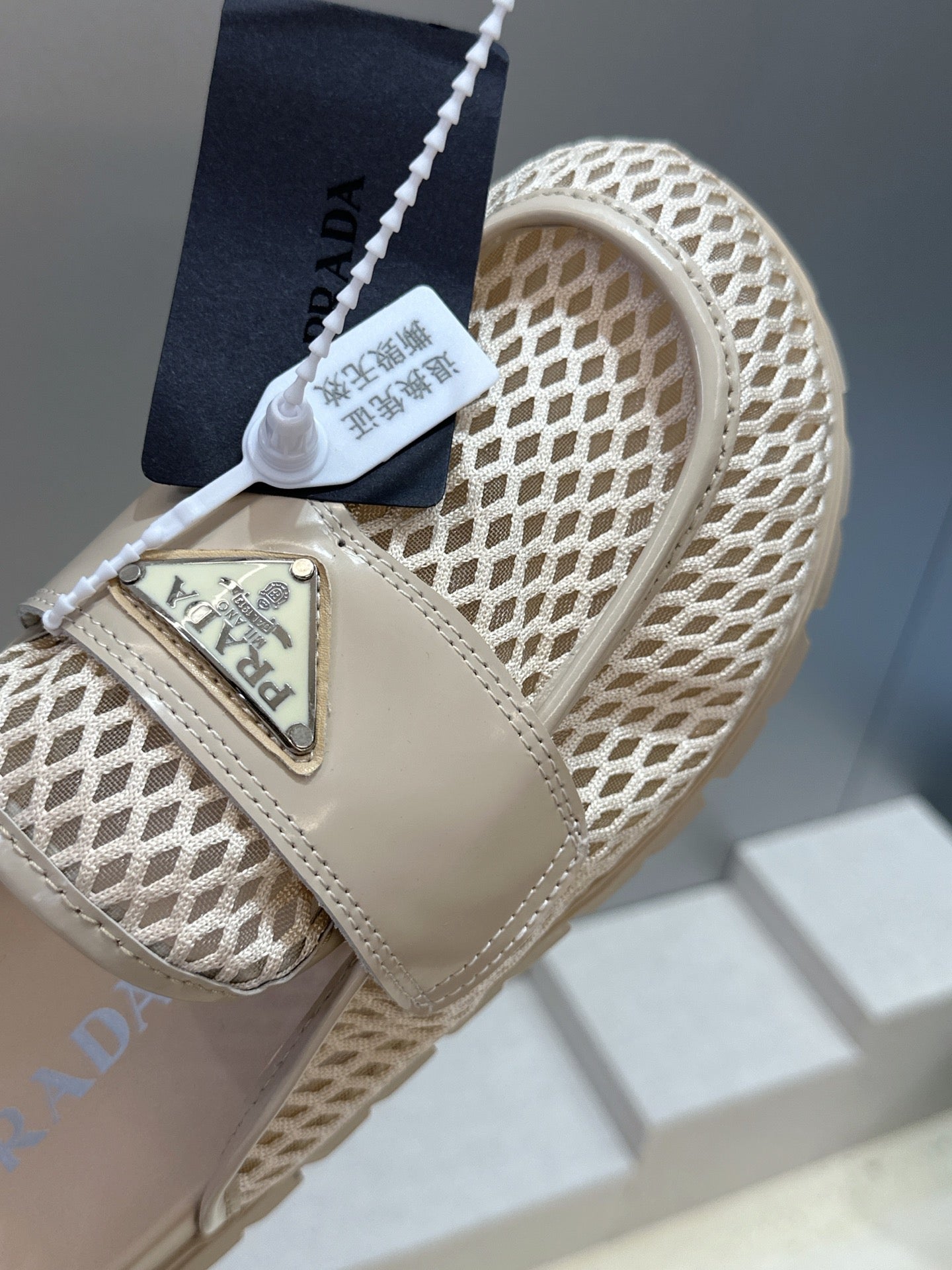 PRADA 26S MULE LOAFERS IN BEIGE MESH AND CALFSKIN