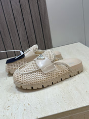 PRADA 26S MULE LOAFERS IN BEIGE MESH AND CALFSKIN