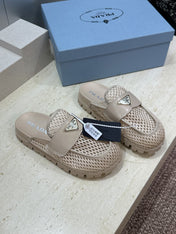PRADA 26S MULE LOAFERS IN BEIGE MESH AND CALFSKIN