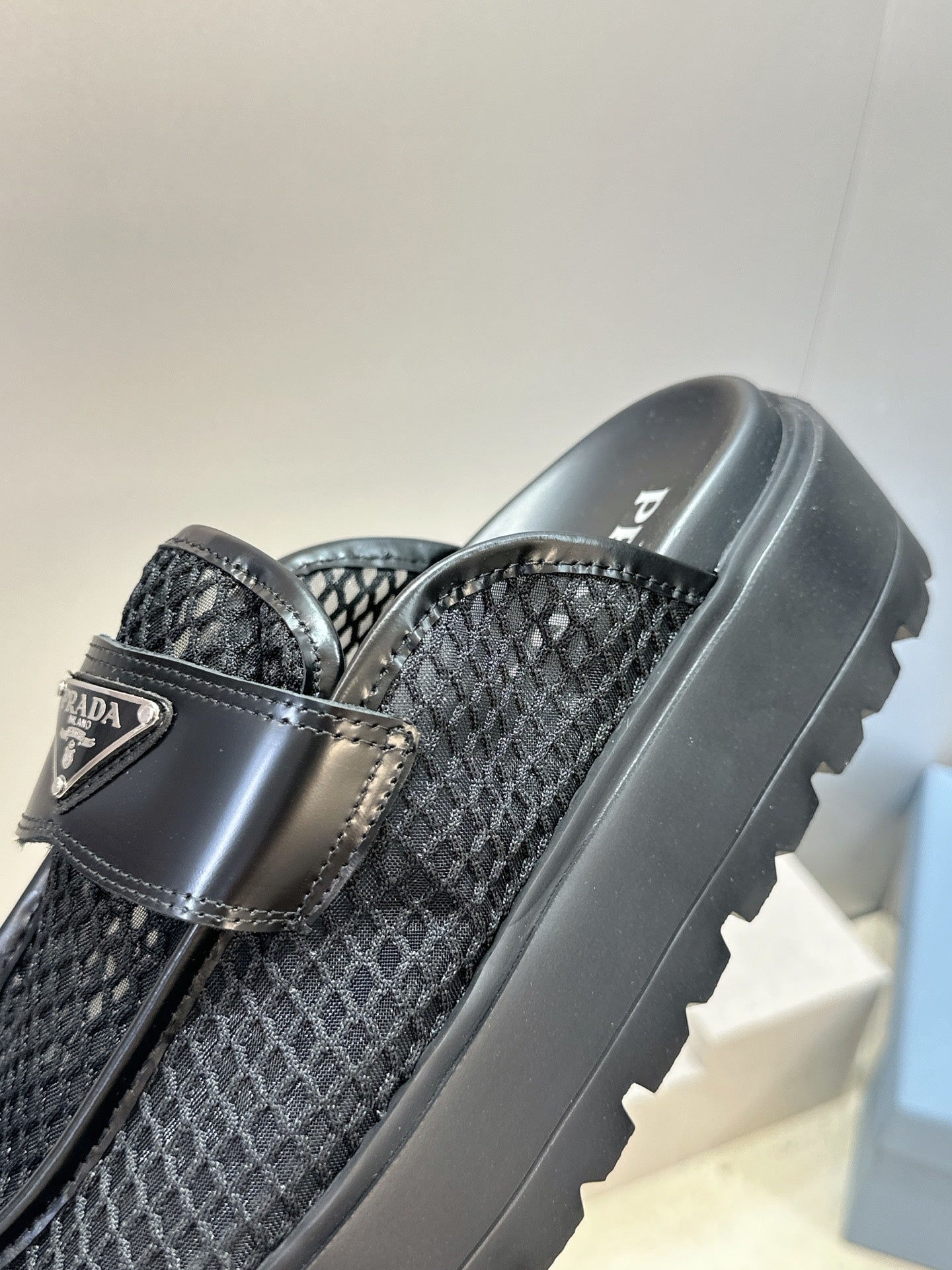 PRADA 26S MULE LOAFERS IN BLACK MESH AND CALFSKIN
