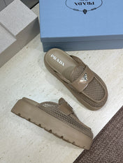 PRADA 26S MULE LOAFERS IN BROWN MESH AND CALFSKIN