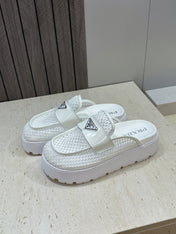 PRADA 26S MULE LOAFERS IN WHITE MESH AND CALFSKIN