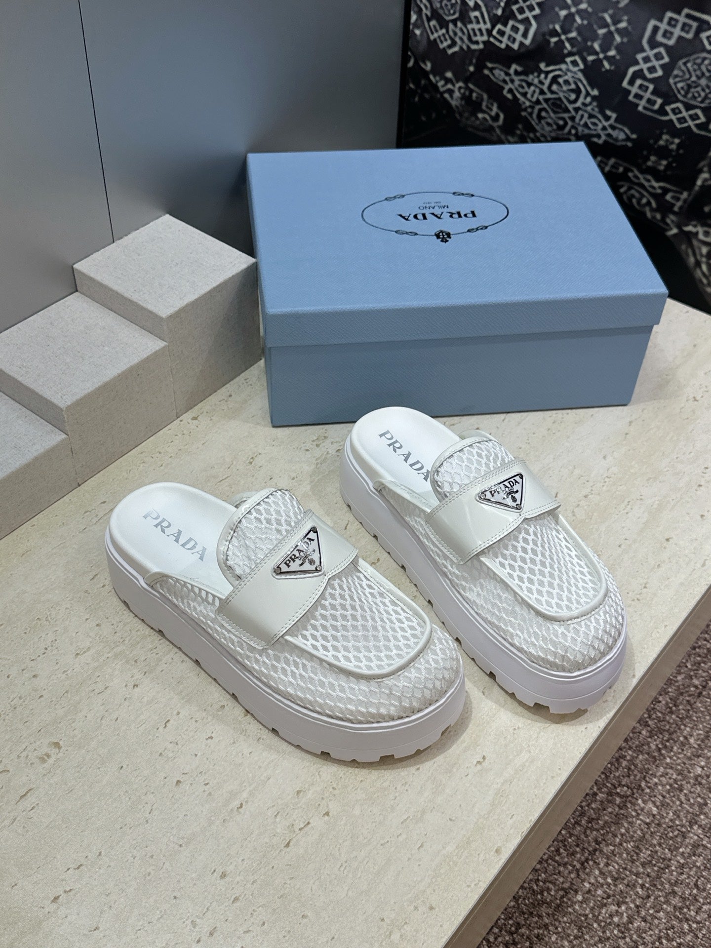 PRADA 26S MULE LOAFERS IN WHITE MESH AND CALFSKIN