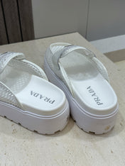 PRADA 26S MULE LOAFERS IN WHITE MESH AND CALFSKIN