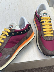 VALENTINO 26S BUTTERFLY EMBROIDERED SNEAKERS IN BROWN SUEDE & RED FABRIC