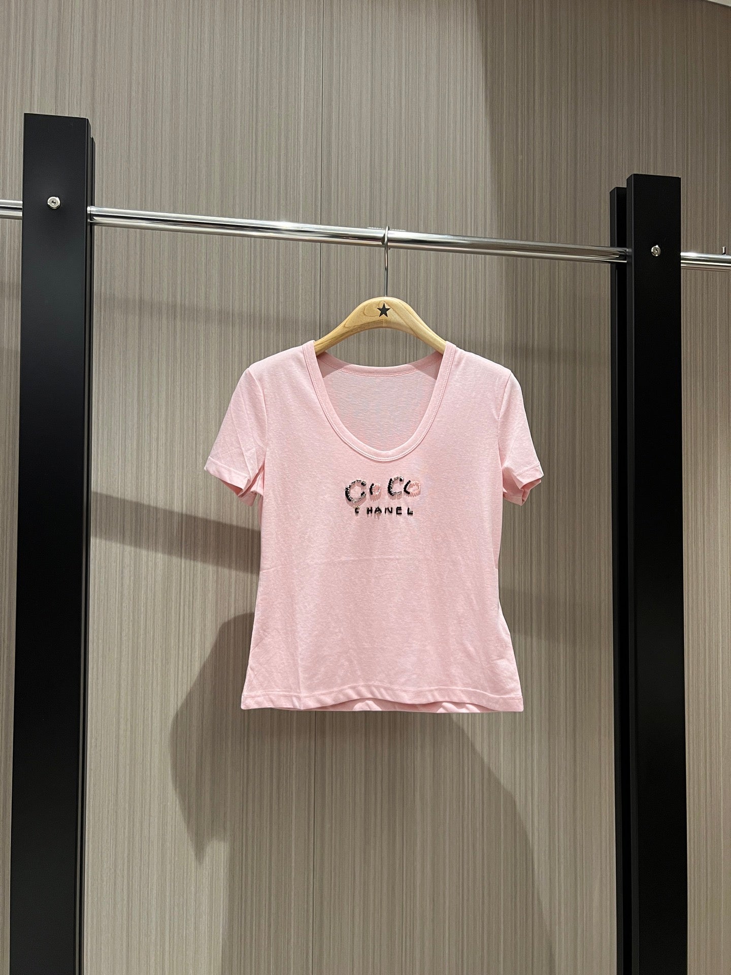 CC Hand-beaded Coco letter U-neck T-shirt Cotton