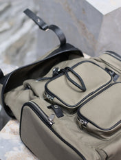 CITY MULTI-POCKET BACKPACK 42 IN KHAKI GREEN NYLON AND BLACK SMOOTH CALFSKIN