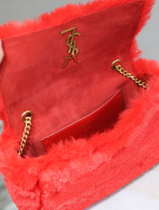 KATE SMALL BAG 22 IN SCARLET RED RABBIT FUR GOLD CHAIN