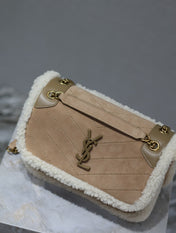NIKI SMALL 22 IN CAMEL SUEDE AND WHITE SHEARLING