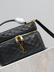 GABY MINI VANITY 18 IN BLACK QUILTED LAMBSKIN GOLD HARDWARE