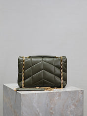 YSL 25S LOULOU PUFFER MINI 23 IN DARK OLIVE CALFSKIN GOLD HARDWRE